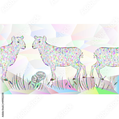 Border seamless background lamb and easter eggs polygons vector Illustration for use in interior design, artwork, dishes, clothing, packaging, greeting cards
