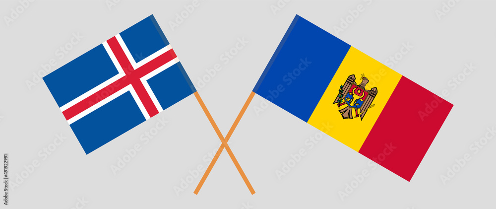 Crossed flags of Iceland and Moldova. Official colors. Correct proportion