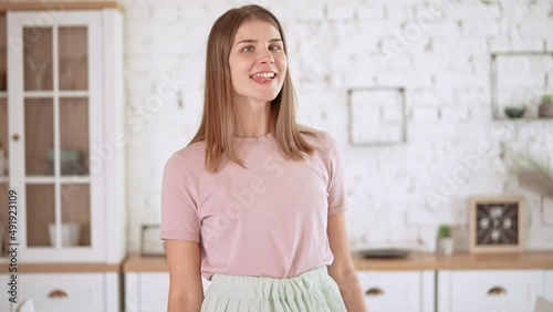 front view funny caucasian young woman fooling around and have fun carefree lifestyle