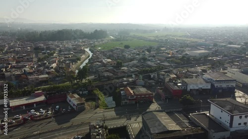 Aerial drone footage in the Itaim Paulista region east of São Paulo