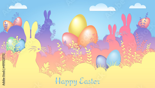 Happy easter rabbits egg hunt pastel color