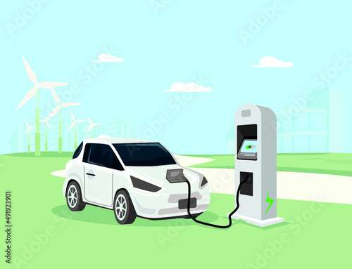 A white car which is working electricity. It does not use gasoline or petroleum. A rechargeable vehicle. A new technology system that does not emit emissions and helps to protect nature. 