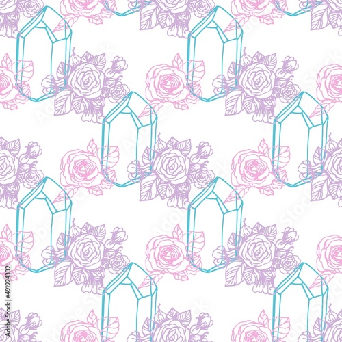 Crystals and roses vector seamless pattern. Vector line seamless pattern for printing, fabric, textile, manufacturing, wallpapers.