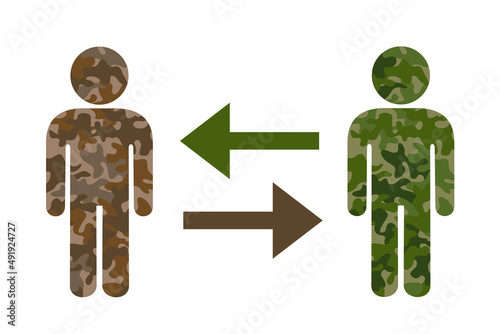 Prisoner swap and exchange - military process of swapping POW, prisoner of war and captive. Vector illustration of khaki green person, soldier and combatant. Isolated on white.