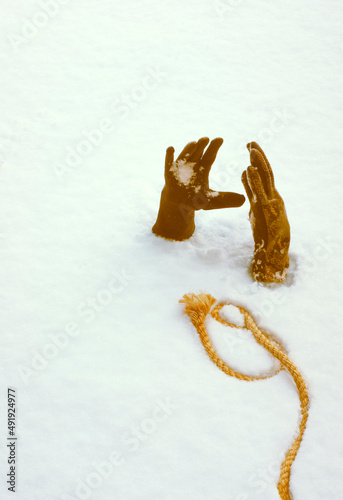 Fotografie, Obraz Buried in snow with gloved hands reaching out for lifeline rope a distance away in the snow