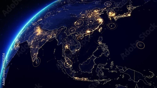 Beautiful view of Earth with City Lights. Asian Cities at Night. Modern Business and Technology Concept. View from Space Satellite.  photo