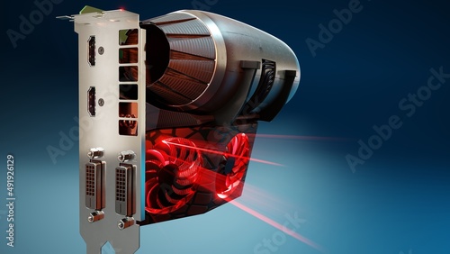 An imaginary GPU card with a jet engine attached to it