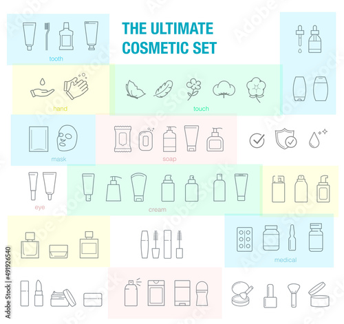 Set of cosmetic editable outline icons. A set of icons for cosmetics packages. Сan be used for cosmetic, medical and other needs. Ideal for use in e-commerce, mobile, packaging and etc. EPS10.	