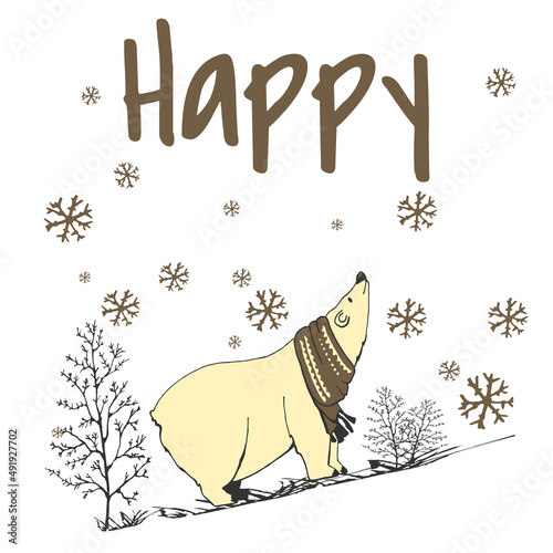 card with polar bear HAPPY card with the text HAPPY, hand drawing of a polar bear with a scarf and snow
