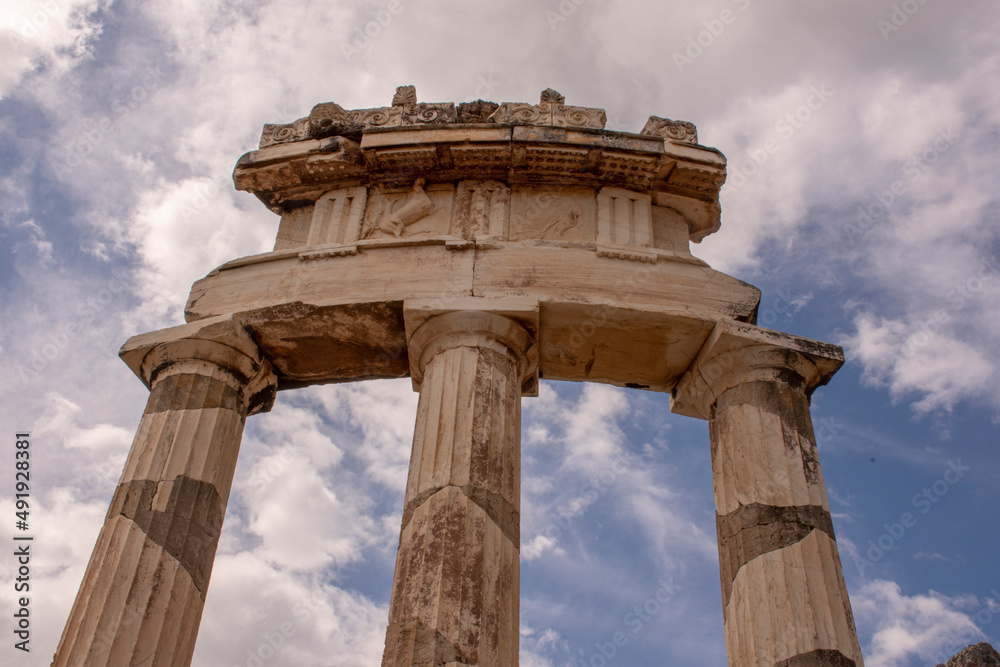 Tholo of delphi. Detail. Ruins of the Temple of Athena Pronaia in ancient Delphi, Greece.