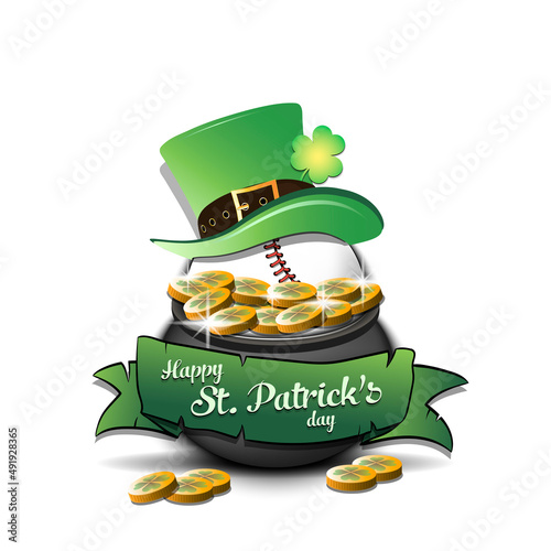 Happy St. Patrick's day. Baseball ball in leprechaun hat in pot with gold coins. Pattern design for logo, banner, poster, greeting card, party invitation. Vector illustration on isolated background