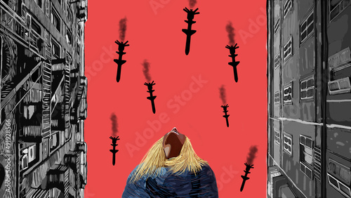 Air bombs over the city illustration. Digital illustration of a woman looking at the sky where ballistic missiles fly. Military aggression against civilians. Air bombardment. War.