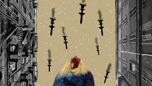 Air bombs over the city illustration. Digital illustration of a woman looking at the sky where ballistic missiles fly. Military aggression against civilians. Air bombardment. War.