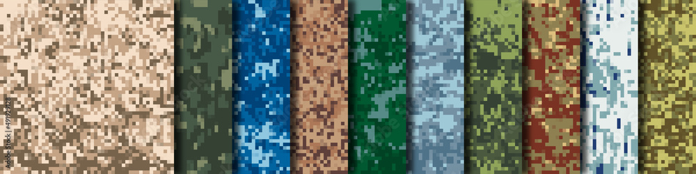Set of 10 digital camouflage patterns. Abstract modern military textile print background. Vector illustration