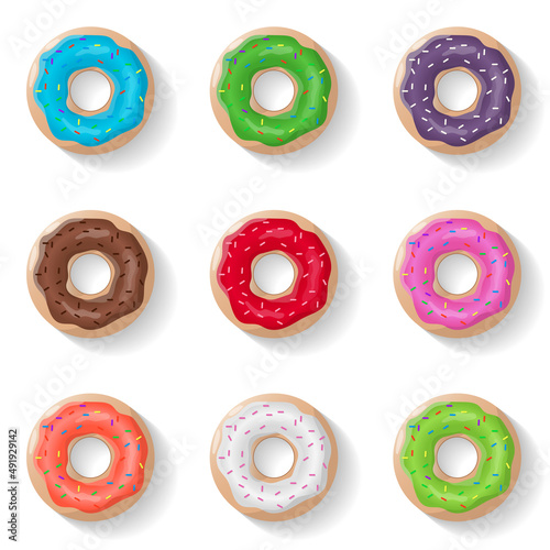Donuts set isolated background in realistic style. Color glazed donuts. Vector illustration