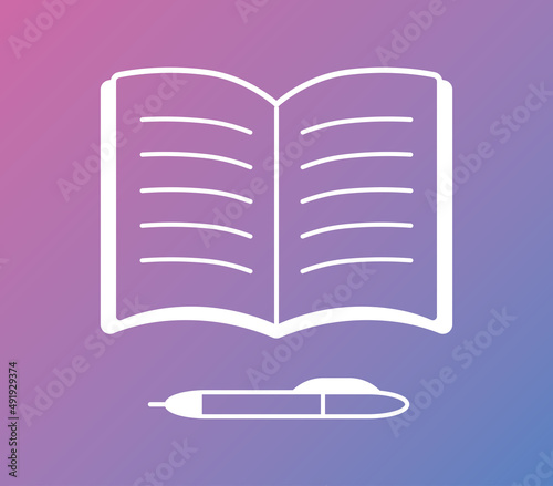 Open book or diary with pen, screenplay script text writing and editing, information article, literature reading, learning or library education flat vector icon.