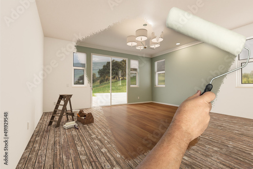 Fototapeta Naklejka Na Ścianę i Meble -  Before and After of paint roller in home living room