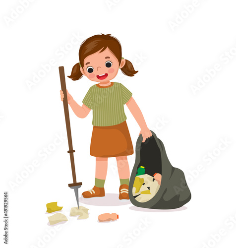 cute little girl collecting plastic bottles and papers waste with litter picker stick put  into garbage bag for recycling to save protect environment 