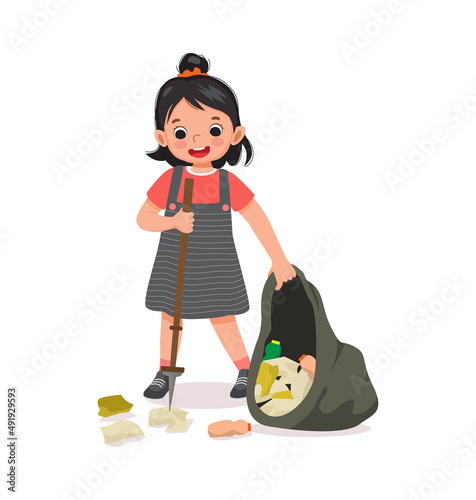 Happy little girl collecting plastic bottles and papers waste with litter picker stick put  into garbage bag for recycling to save protect environment 