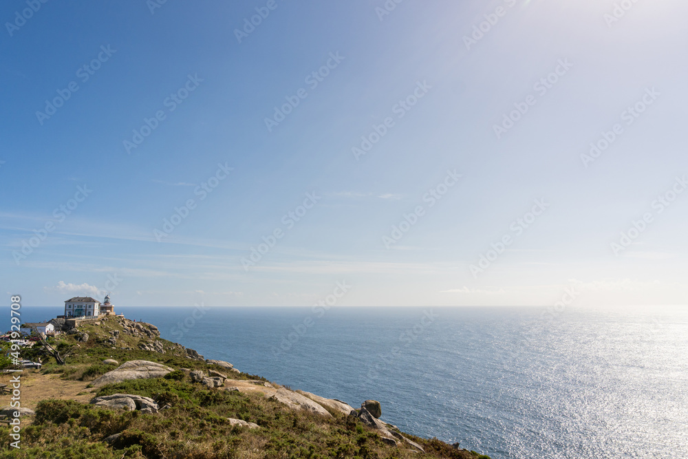 View of the cliff of Cape Finisterre, in Galicia, Spain. Tourism and travel concept.