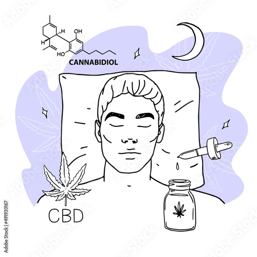 CBD for healthy night sleep concept banner. Man sleeping in sleep mask with medicinal preparation of cbd oil