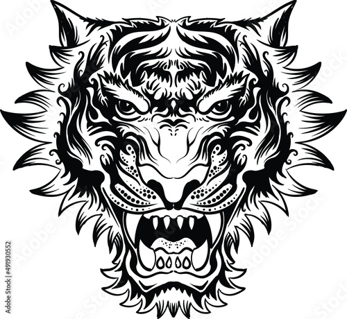 The Vector logo tiger for tattoo or T-shirt design or outwear.  Hunting style big cat print on black background. This hand drawing is for black fabric or canvas.