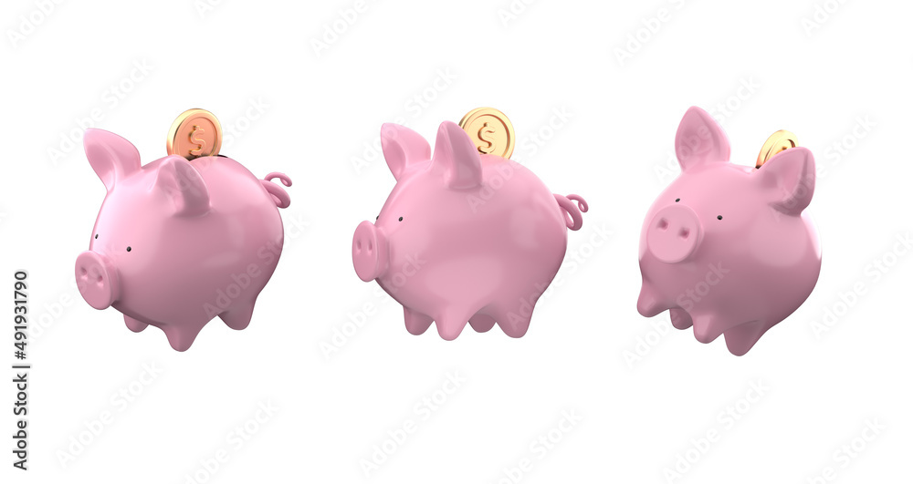 Piggy bank with dollar coin. Finance, saving money, pink piggy bank in different angles isolated on white background. 3d rendering. Piggy bank with dollar coin. Finance, saving money, pink piggy bank in different angles isolated on white background. 3d rendering.