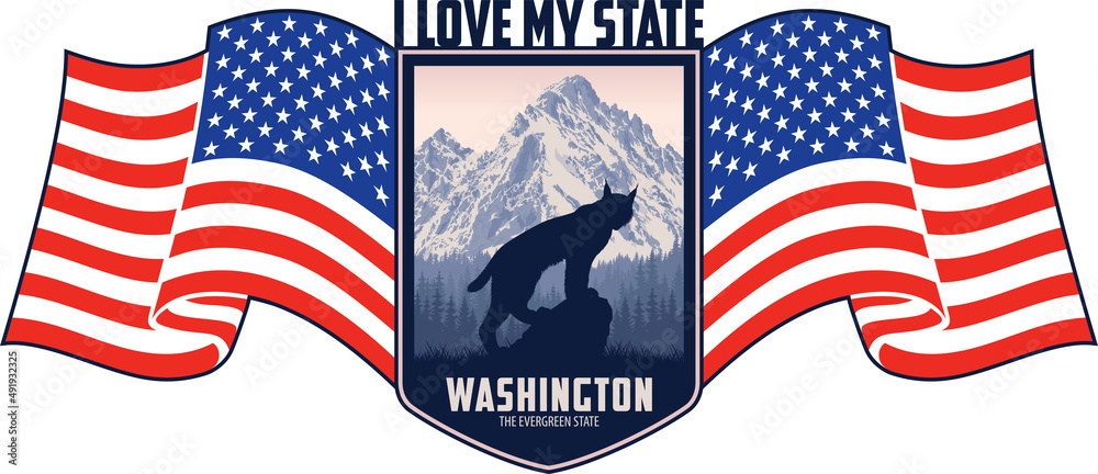 Washington vector label with Canada lynx and North Cascades national park and flag of the United States