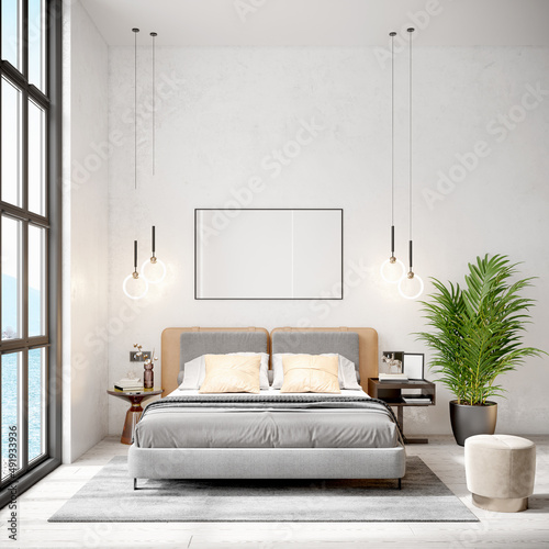 Stylish modern interior of the room with light walls and comfortable furniture. 3D renderer