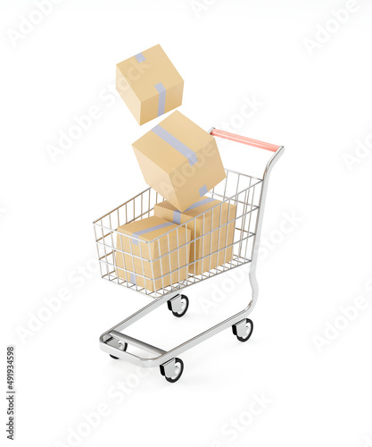 Shopping cart with boxes on white isolated background. 3d illustration