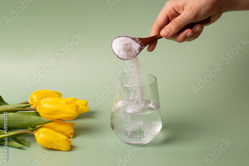 The girl with her hand pours white collagen powder with a wooden spoon into a transparent glass of water on a green background.