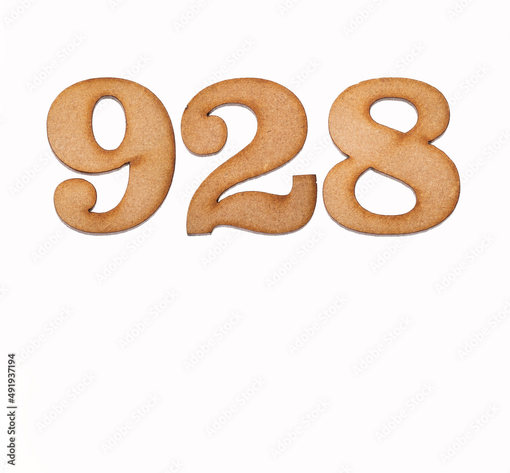 Number 928 in wood, isolated on white background