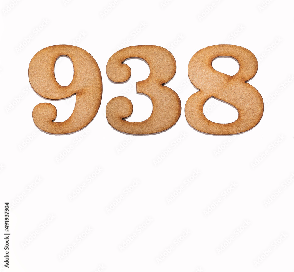 Number 938 in wood, isolated on white background Number 938 in wood, isolated on white background