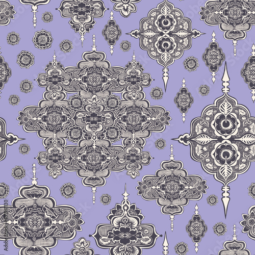 Seamless vector repeat pattern with decorative damask flower motifs.