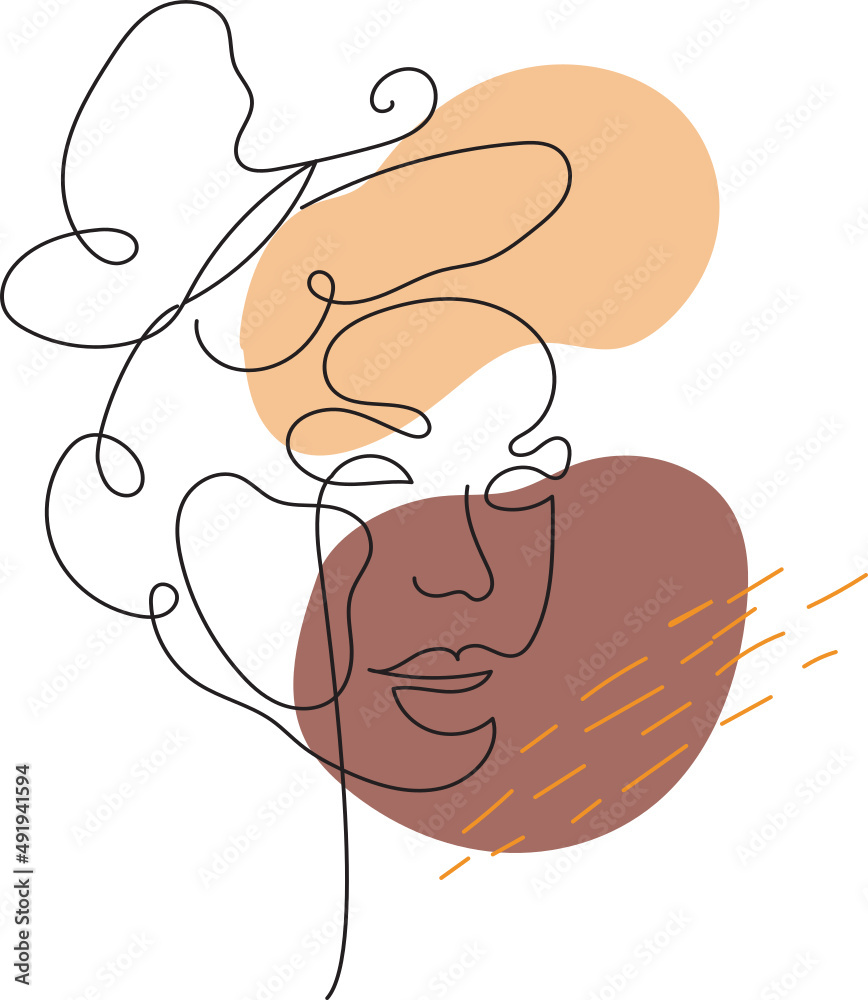 Abstract woman vector background set in continuous line art. Fashion cards with female faces, hands, postures, color texture shape elements in modern simple linear style. 
