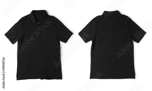 Realistic Black polo shirt mockup front and back view isolated on white background with clipping path.