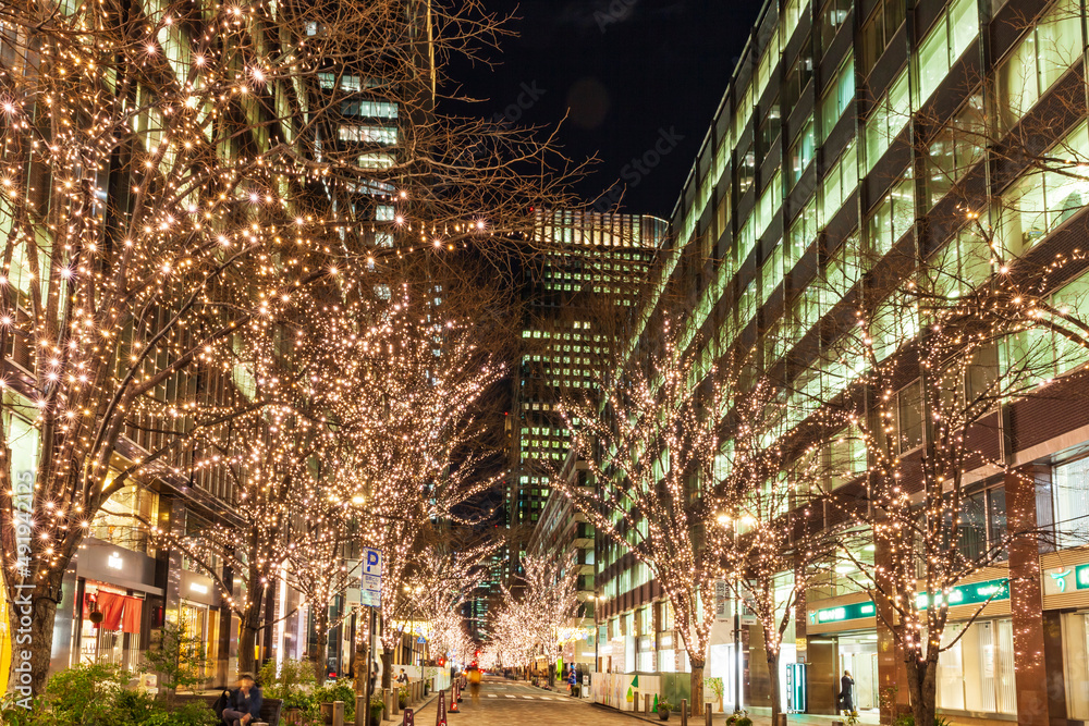 Naklejka premium イルミネーションの丸の内ビジネス街 東京都市夜景