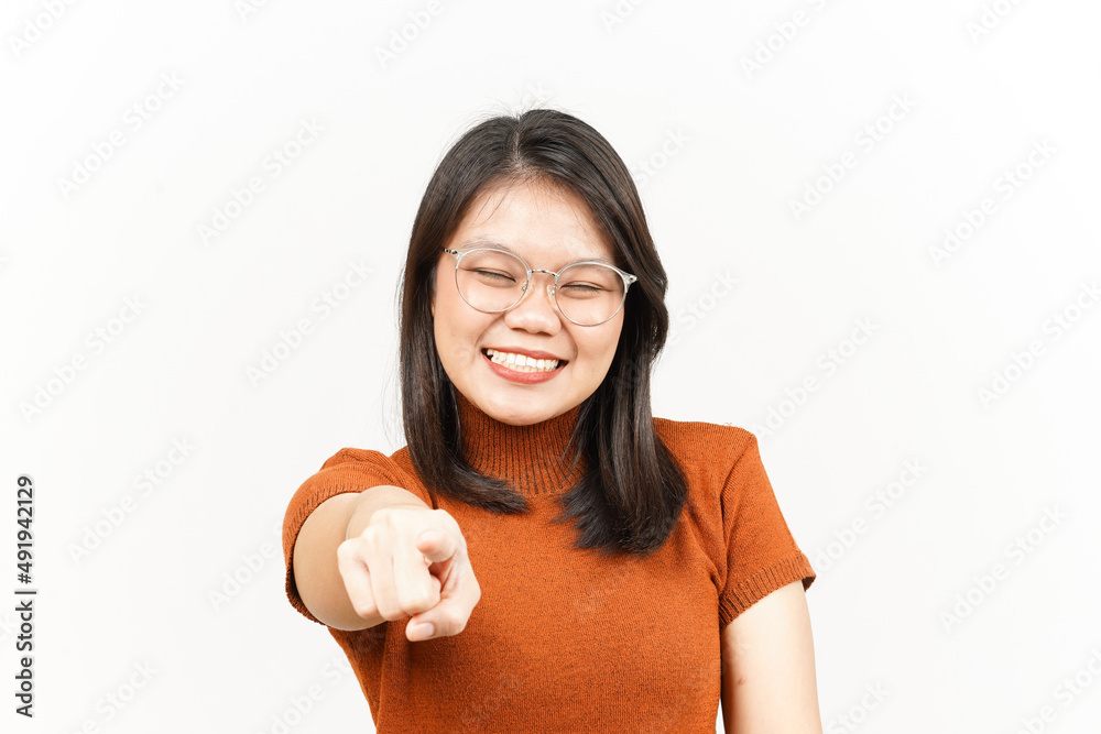 Smiling and Pointing at You, Want You Gesture Of Beautiful Asian Woman Isolated On White Background Smiling and Pointing at You, Want You Gesture Of Beautiful Asian Woman Isolated On White Background
