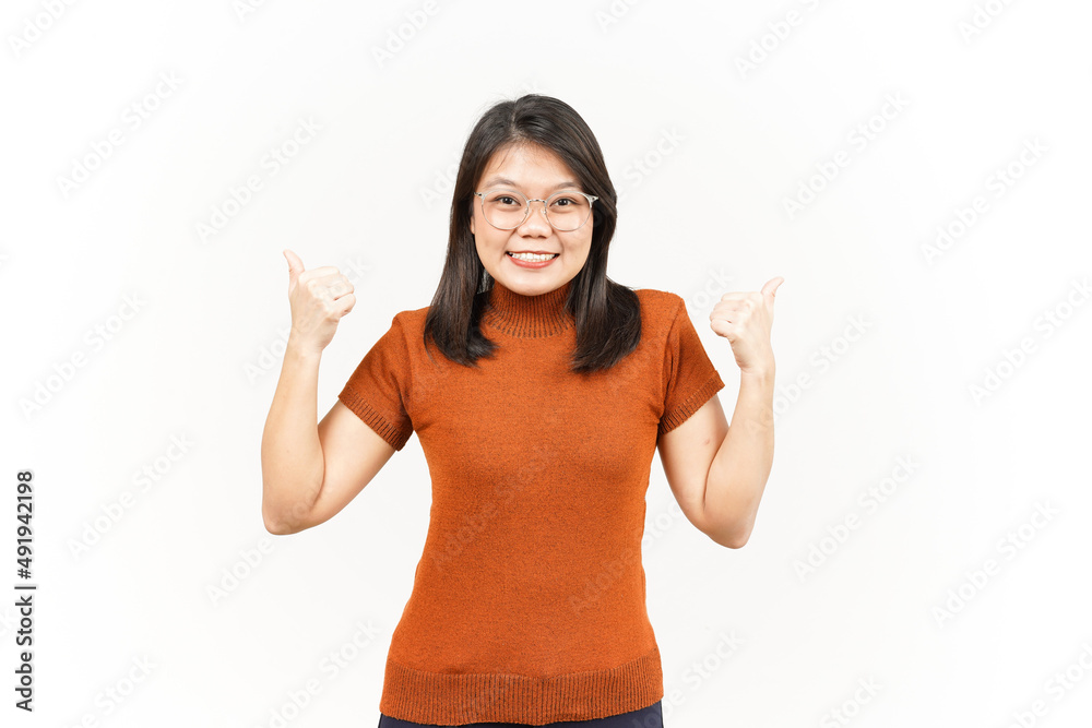 Showing and Pointing Two Product With Thumbs Of Beautiful Asian Woman Isolated On White Background Showing and Pointing Two Product With Thumbs Of Beautiful Asian Woman Isolated On White Background