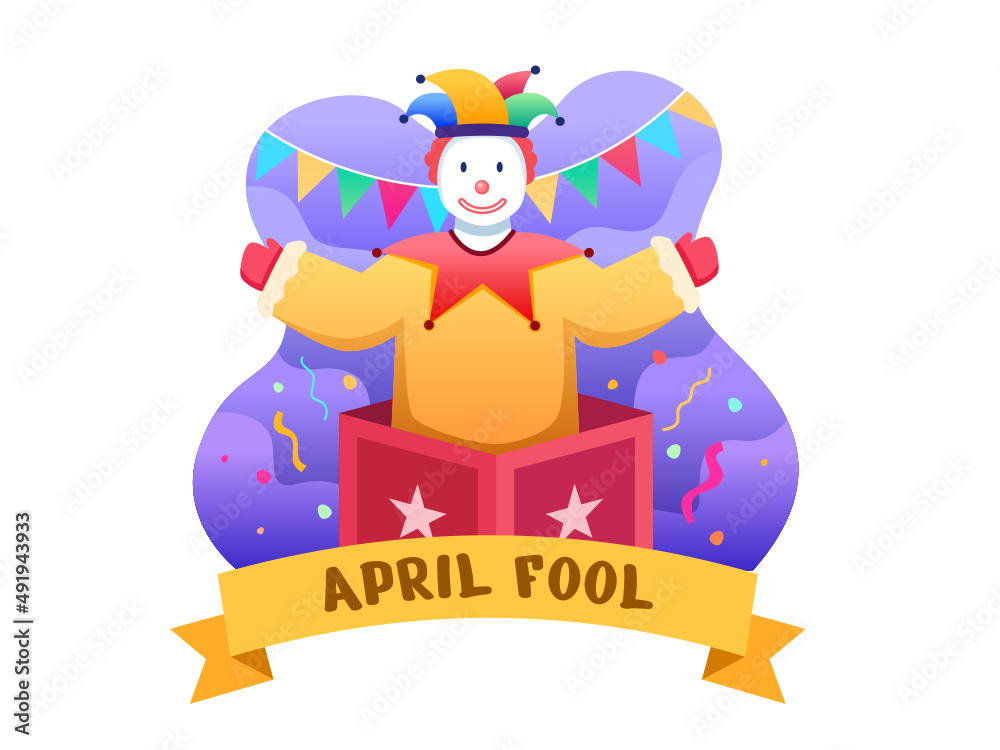 April Fool Flat Illustration with Clown in The Box Surprising. Funny Face Clown For Celebrate April Fool Day. Can be used for greeting card, poster, banner, postcard, web, etc