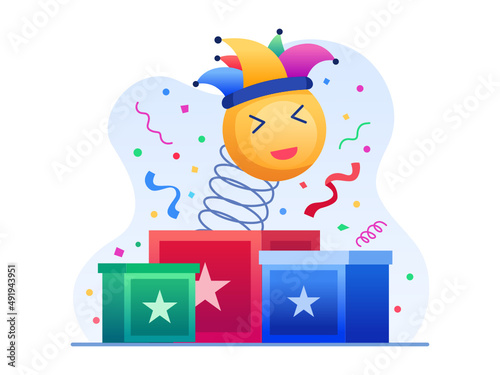 Illustration Jack in The box celebrate April Fool Day. Surprising Funny Emoji in a box. Happy April Fool Day. Can be used for greeting card, postcard, web, social media, banner, poster, etc.