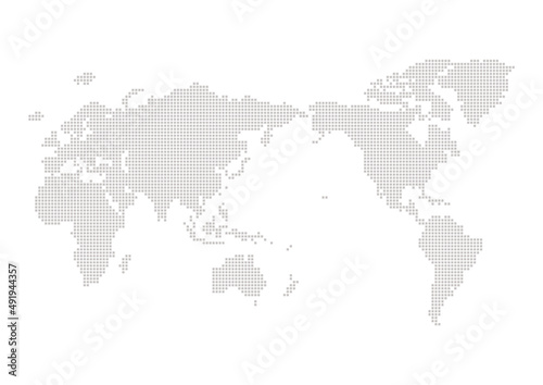 日本を中心に描いたグレーの世界地図 - シンプルな四角いドットのワールドマップ