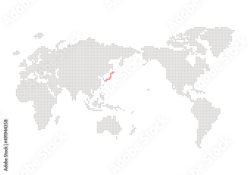 赤い色で区別した日本とグレーの世界地図 - シンプルな四角いドットのワールドマップ 