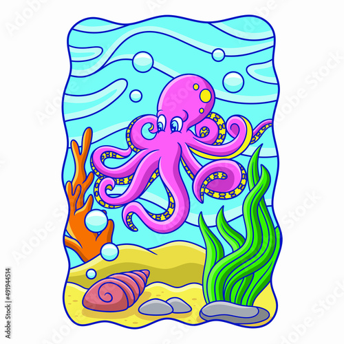 cartoon illustration the octopus is swimming in the middle of the sea with shells underneath