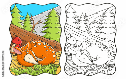 cartoon illustration deer sleeping on the hay under the trunk of a big fallen tree book or page for kids