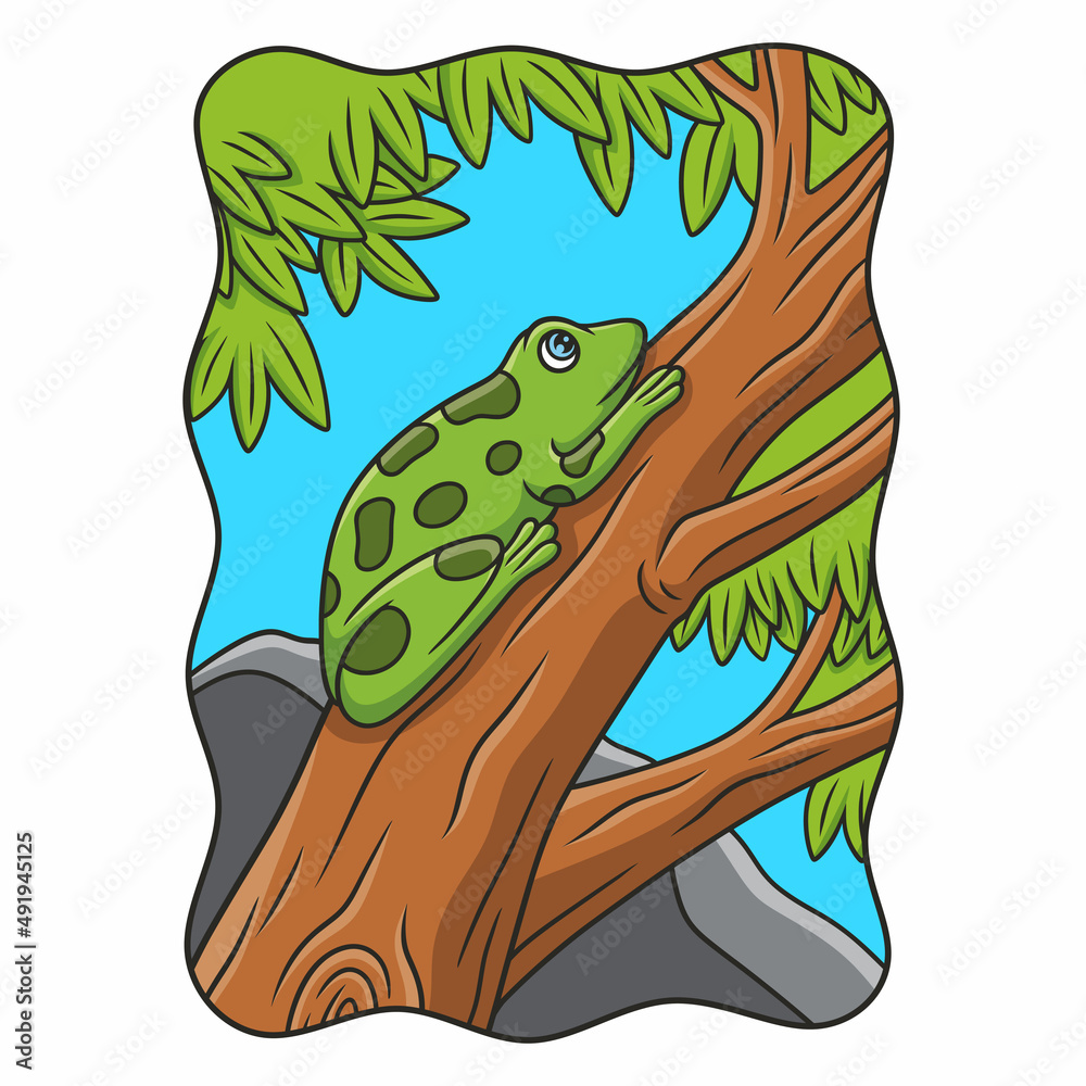 cartoon illustration a frog that is climbing a big tree in a crouched