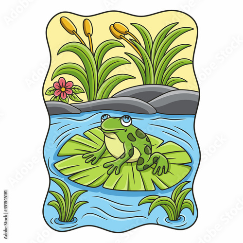 cartoon illustration a frog sitting on a lotus flower in the middle of a river waiting for its prey to approach