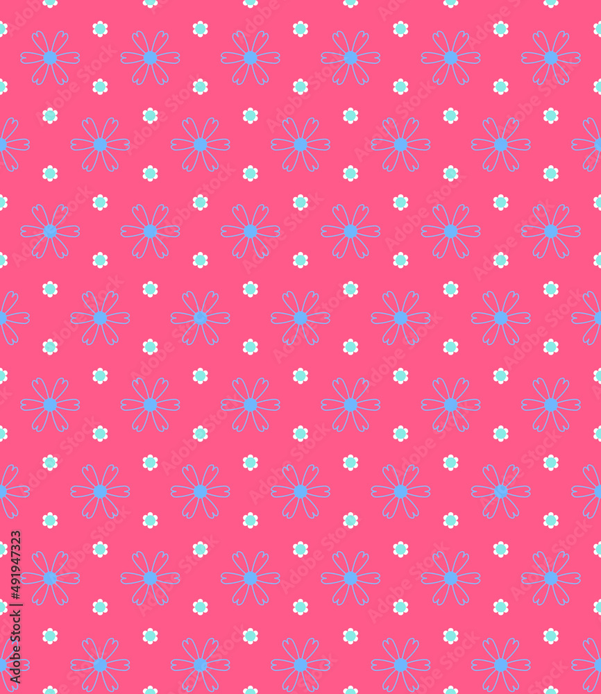Simple seamless floral pattern with blue and small white flowers on a pink background in vintage style Baby Doll Ditsy Dress design
