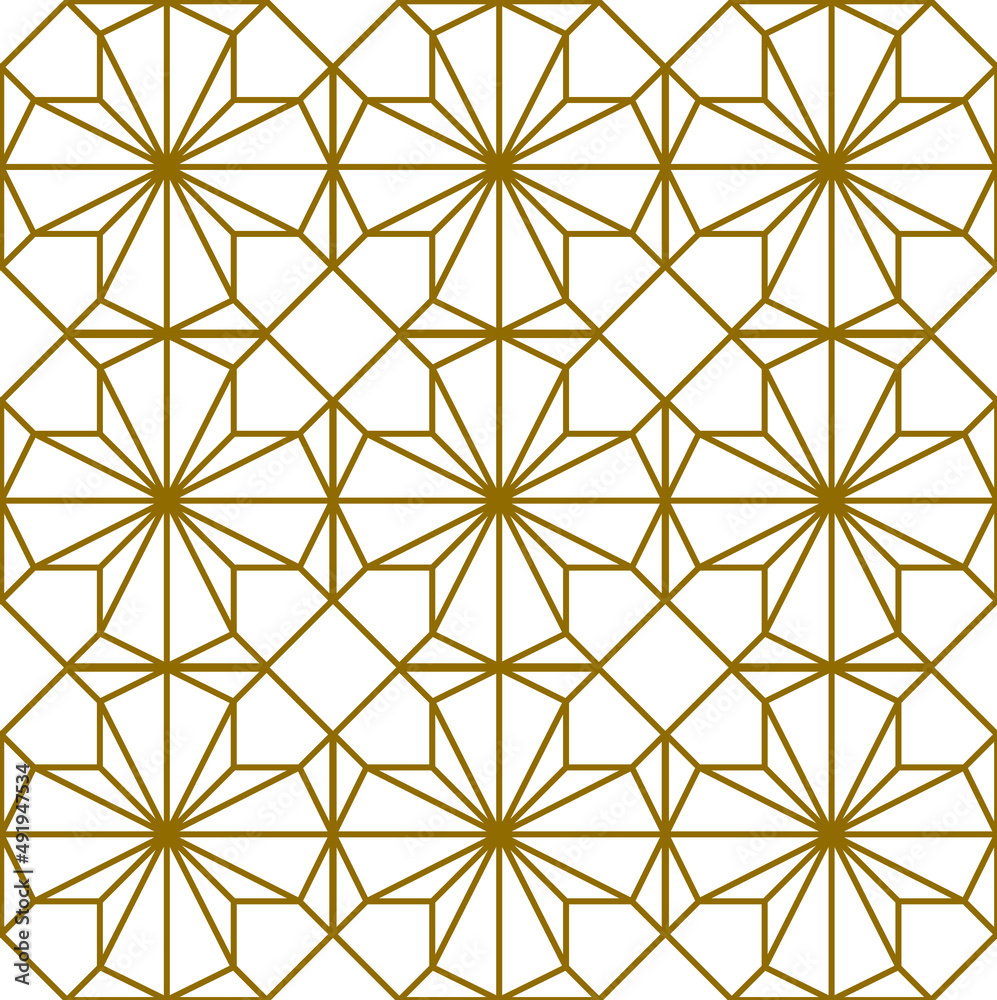 Repeat pattern of connected hexagons and converging lines in gold colored outlines on a white background, geometric vector illustration Repeat pattern of connected hexagons and converging lines in gold colored outlines on a white background, geometric vector illustration