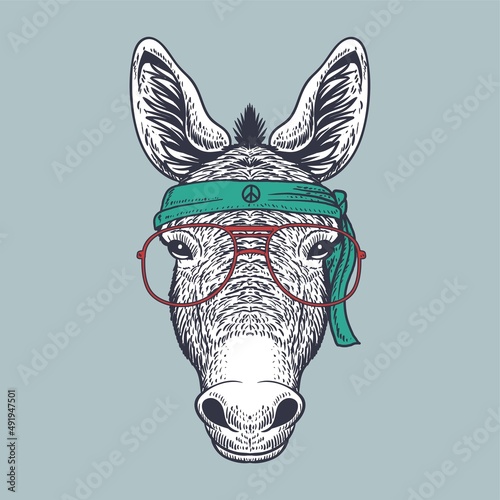 Donkey hand drawn wearing a red glasses and bandana peace
